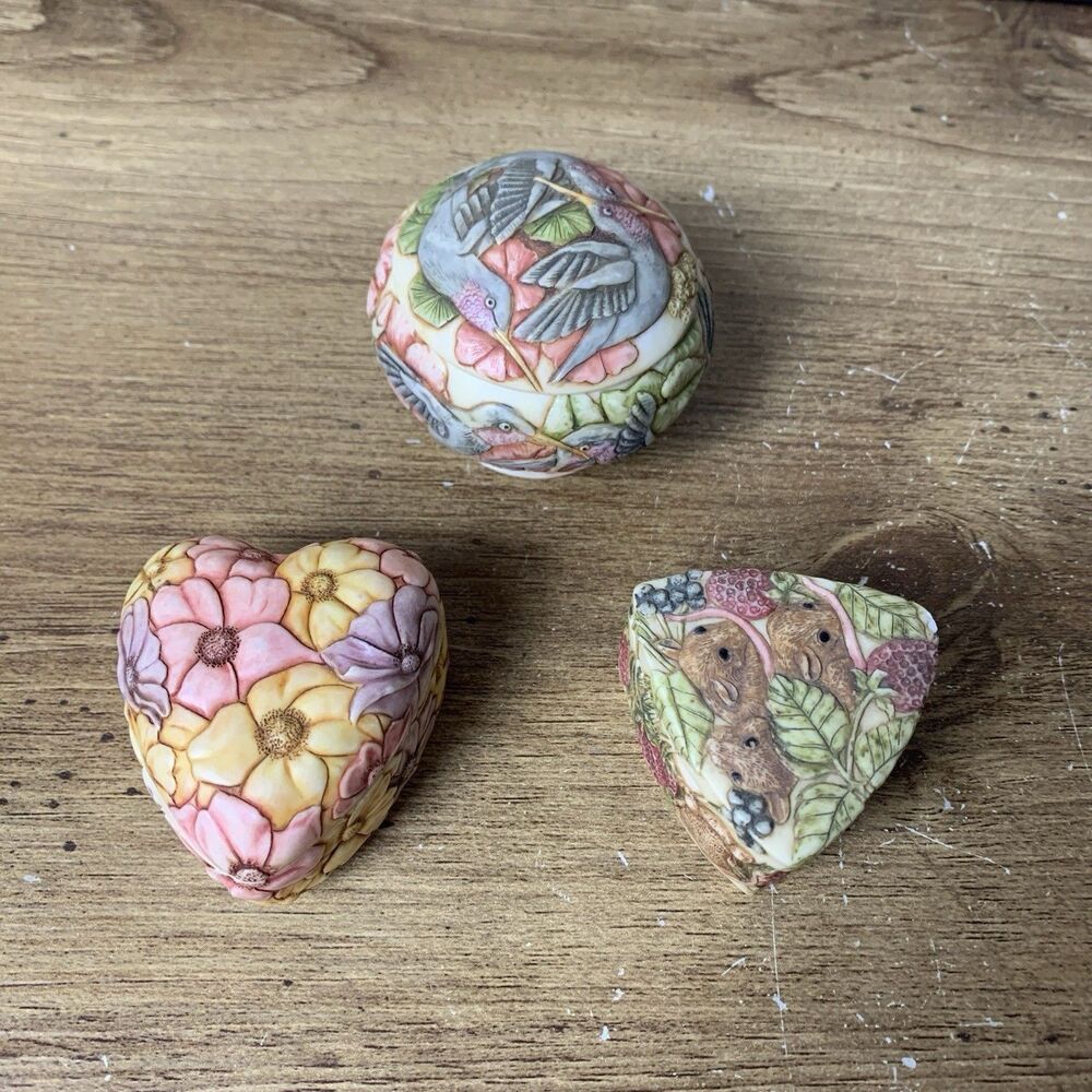 Harmony Kingdom Jardinia Mouse, Hummingbird & Flower Trinket Boxes Lot Of 3